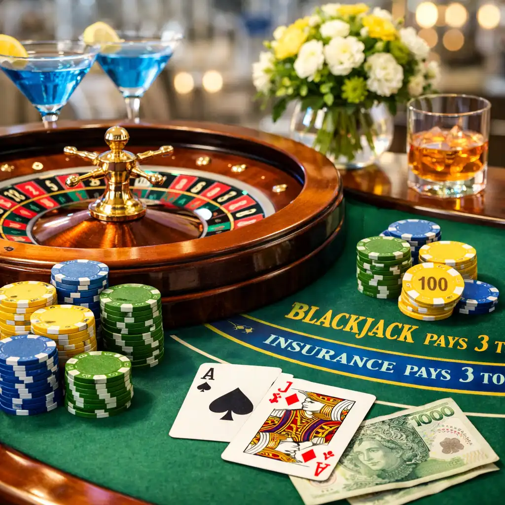 Stół do ruletki i blackjacka przygotowany na elegancki event offline