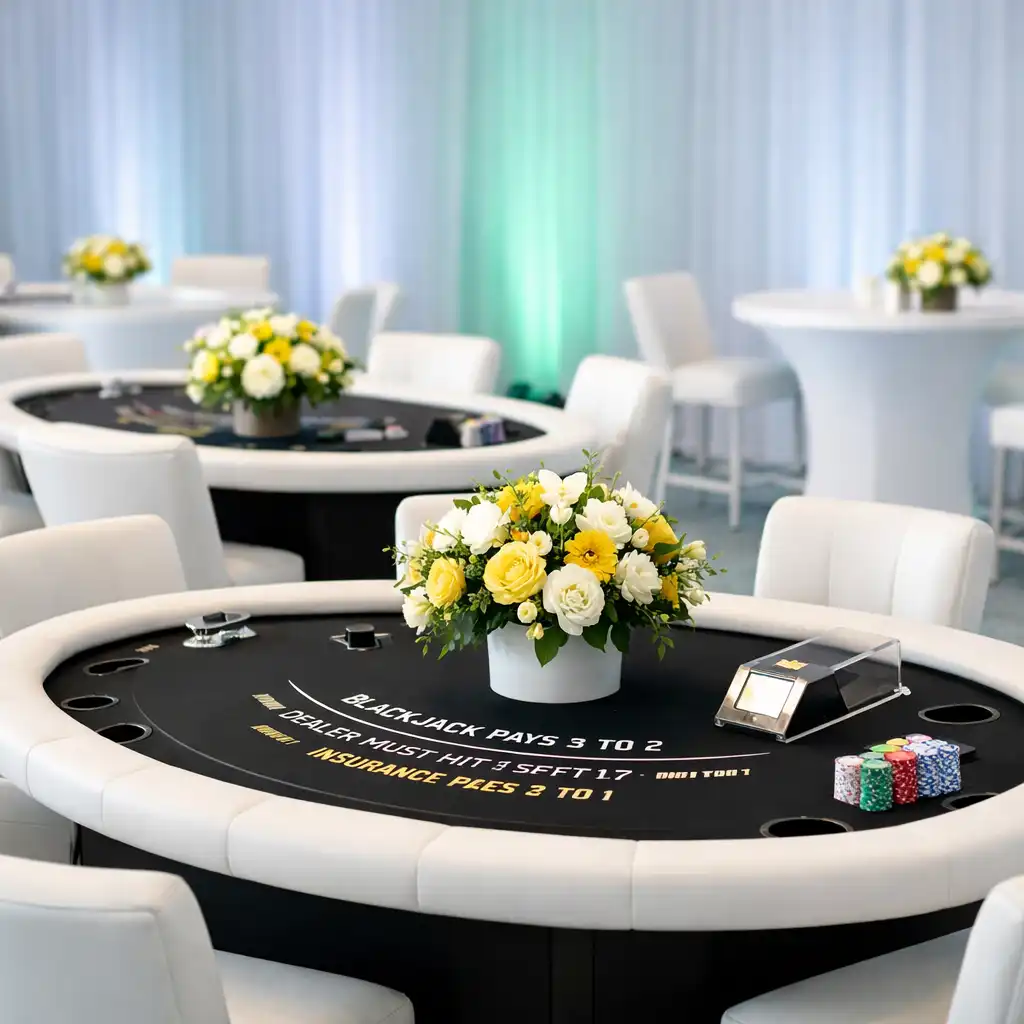 Stylowa aranżacja stołów do pokera, ruletki i blackjacka na eleganckim evencie offline