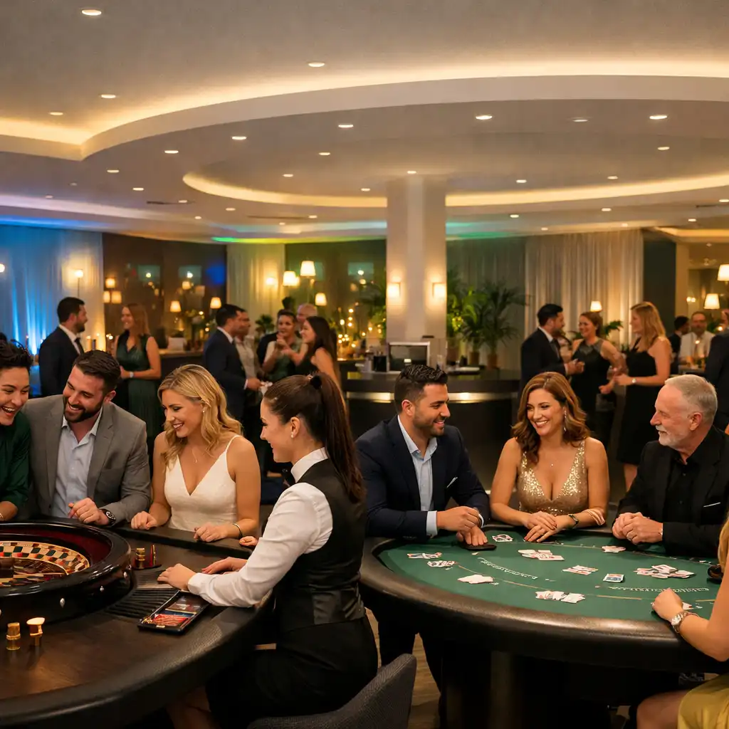 Elegancki stół do ruletki i blackjacka podczas wieczornego eventu organizowanego przez RTO-MED Paweł Szymczyk