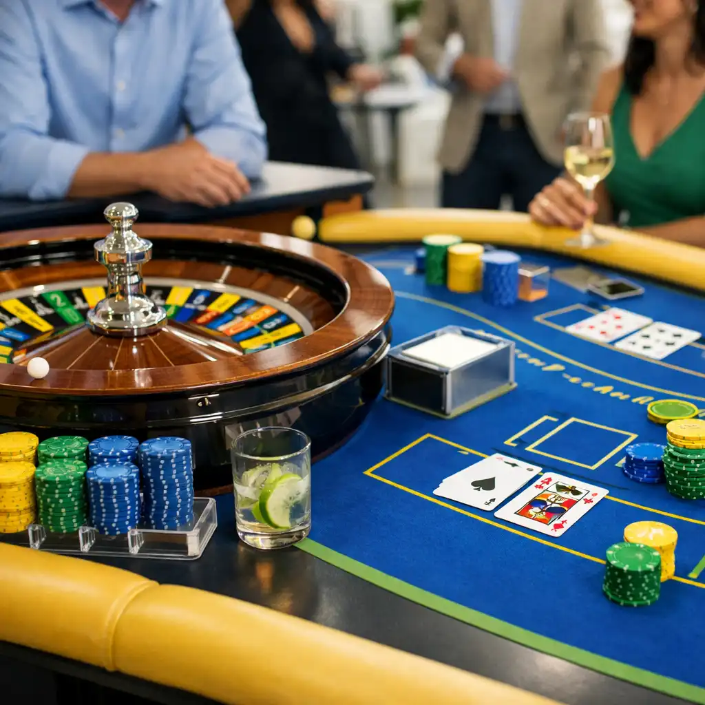 Nowoczesne mobilne stoły do ruletki i blackjacka przygotowane na elegancki event firmowy