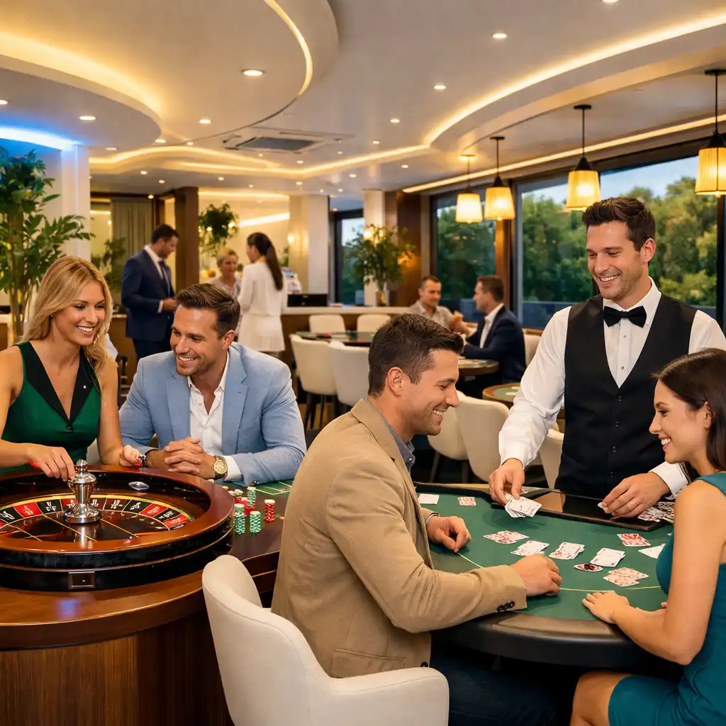 Mobilne stoły ruletki i blackjacka w jasnej aranżacji eventowej